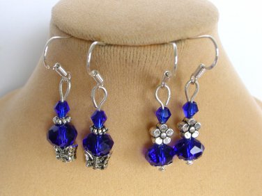 Royal cobalt blue crystal bead butterfly flower earrings 2 pair
