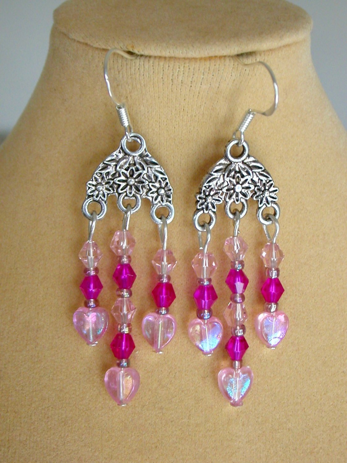 Light Pink Heart Fuschia Crystal Bead Chandelier Earrings