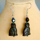 Black pressed Czech glass cat AB iridescent crystal bead earrings