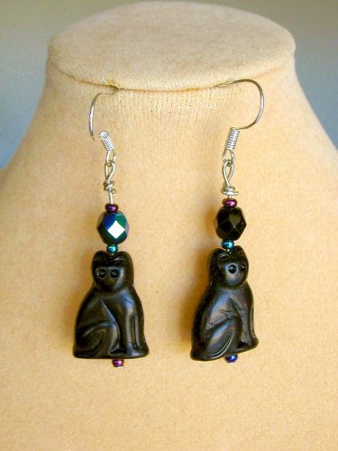 Black pressed Czech glass cat AB iridescent crystal bead earrings