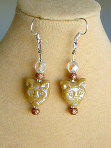 Cat face light brown tan pressed glass bead earrings