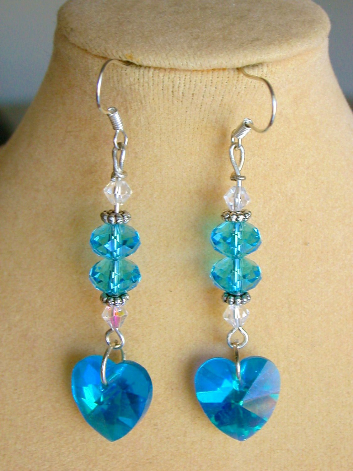 Crystal heart aqua blue AB iridescent glass bead earrings