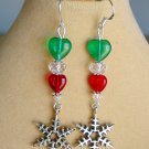 Love Christmas red green heart bead snowflake charm earrings Love Christmas red green heart bead snowflake charm earrings