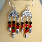 Ladybug red black crystal bicone bead chandelier earrings
