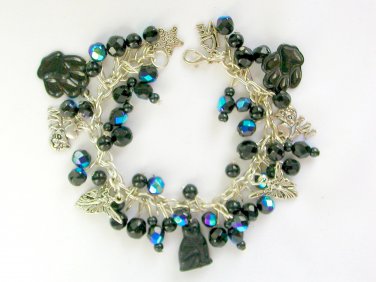 Black Czech cat bead angel paw aqua AB crystal charm bracelet