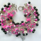Cat bright pink grey black bead cha cha charm bracelet