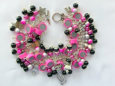 Cat bright pink grey black bead cha cha charm bracelet