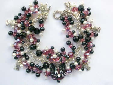 Cat purple amethyst color lampwork glass bead fish crystal charm bracelet