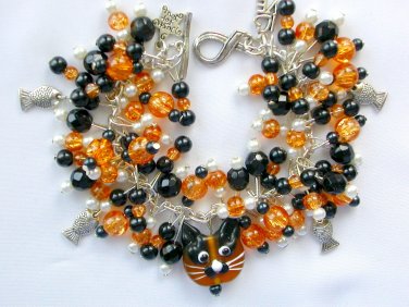 Cat orange lampwork glass bead fish crackle charm bracelet
