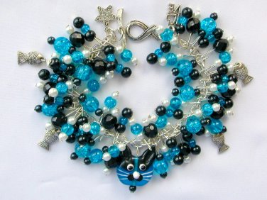 Cat aqua blue lampwork glass fish crackle bead charm bracelet