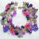Cat angel paw print bell flower purple pink charm bracelet Cat angel paw print bell flower purple pink charm bracelet