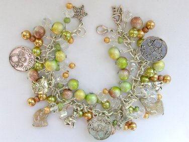 Dog Czech light brown green glass bead charm bracelet