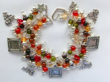 Love my cat red brown olive picture frame charm bracelet
