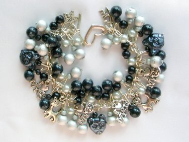 Cat silver grey and black pressed glass bead  charm bracelet