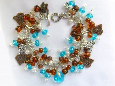 Brass tabby cat heart aqua crystal and brown charm bracelet