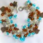 Brass tabby cat heart aqua crystal and brown charm bracelet
