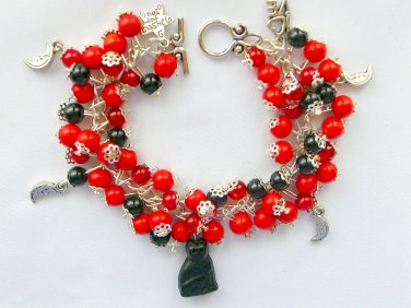 Halloween Czech black cat bead red -dark orange moon charm bracelet