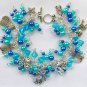 Cat lover aqua blue glass pearl bead cha cha charm bracelet