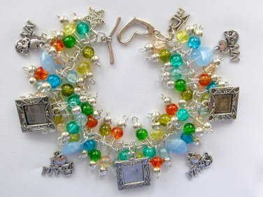 Cat blue heart crackle bead picture photo frame charm bracelet