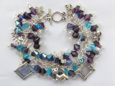 Cat picture frame charm purple iridescent AB glass bead bracelet
