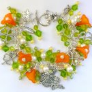 Fairy four leaf clover green orange trumpet flower charm bracelet