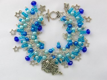 Fairy and dangling star charm blue aqua bead cha cha bracelet