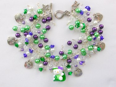 Hello Kitty cat on leaf purple green bead charm bracelet