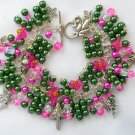 Fairy mushroom pink bell flower green bead charm bracelet