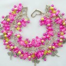 Dragonfly fuchsia pink yellow crackle glass bead charm bracelet Dragonfly fuchsia pink yellow crackle glass bead charm bracelet