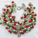 Christmas cat red green faux pearl bead cha cha charm bracelet