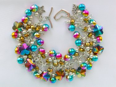Carnival flower rainbow aqua pink gold AB glass bead bracelet