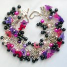 Flower purple fuchsia pink ladybug butterfly black charm bracelet Flower purple fuchsia pink ladybug butterfly black charm bracelet