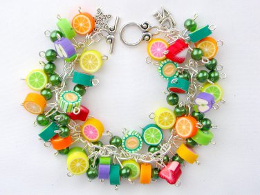 Fruit Vegetarian lime lemon strawberry charm green bead bracelet