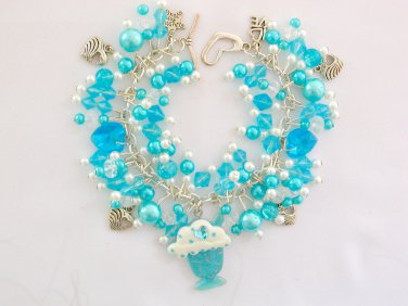 Ice Cream Sundae charm aqua blue Crystal AB heart bead bracelet