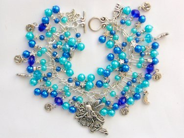 Fairy star moon aqua blue crystal faux pearl charm bracelet