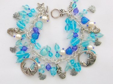 Mermaid fish Czech seashell bead aqua and blue charm bracelet