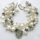 Cameo flower grey white pearl bead cha cha charm bracelet Cameo flower grey white pearl bead cha cha charm bracelet