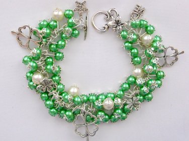 Lucky  four leaf clover green bead cha cha charm bracelet