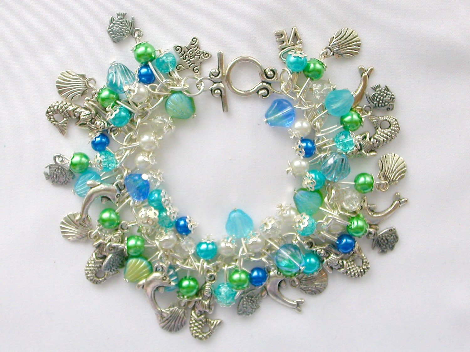 Mermaid Czech sea shell bead fish dolphin aqua green charm bracelet