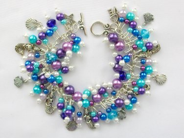 Mermaid fish seashell purple aqua blue charm bracelet