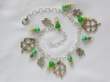 Lucky four leaf clover charm green bead anklet