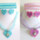 Aqua Pink cat charm Plastic Canvas heart pendant earrings barrette set