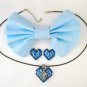 Aqua Blue dog charm Plastic Canvas heart pendant earrings bow barrette set