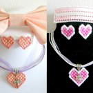 Pink Peach kitty charm Plastic Canvas heart earrings pendant bow barrette set Pink Peach kitty charm Plastic Canvas heart earrings pendant bow barrette set