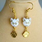Czech cat white milk glass bead gold paw print charm earrings