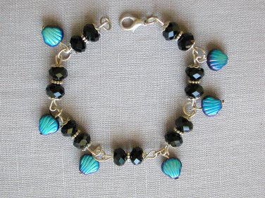 Czech sea shell glass bead AB aqua blue black crystal bracelet earrings set
