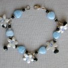 Baby blue glass heart bead white flower black crystal bracelet earrings set Baby blue glass heart bead white flower black crystal bracelet earrings set