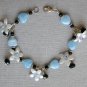 Baby blue glass heart bead white flower black crystal bracelet earrings set