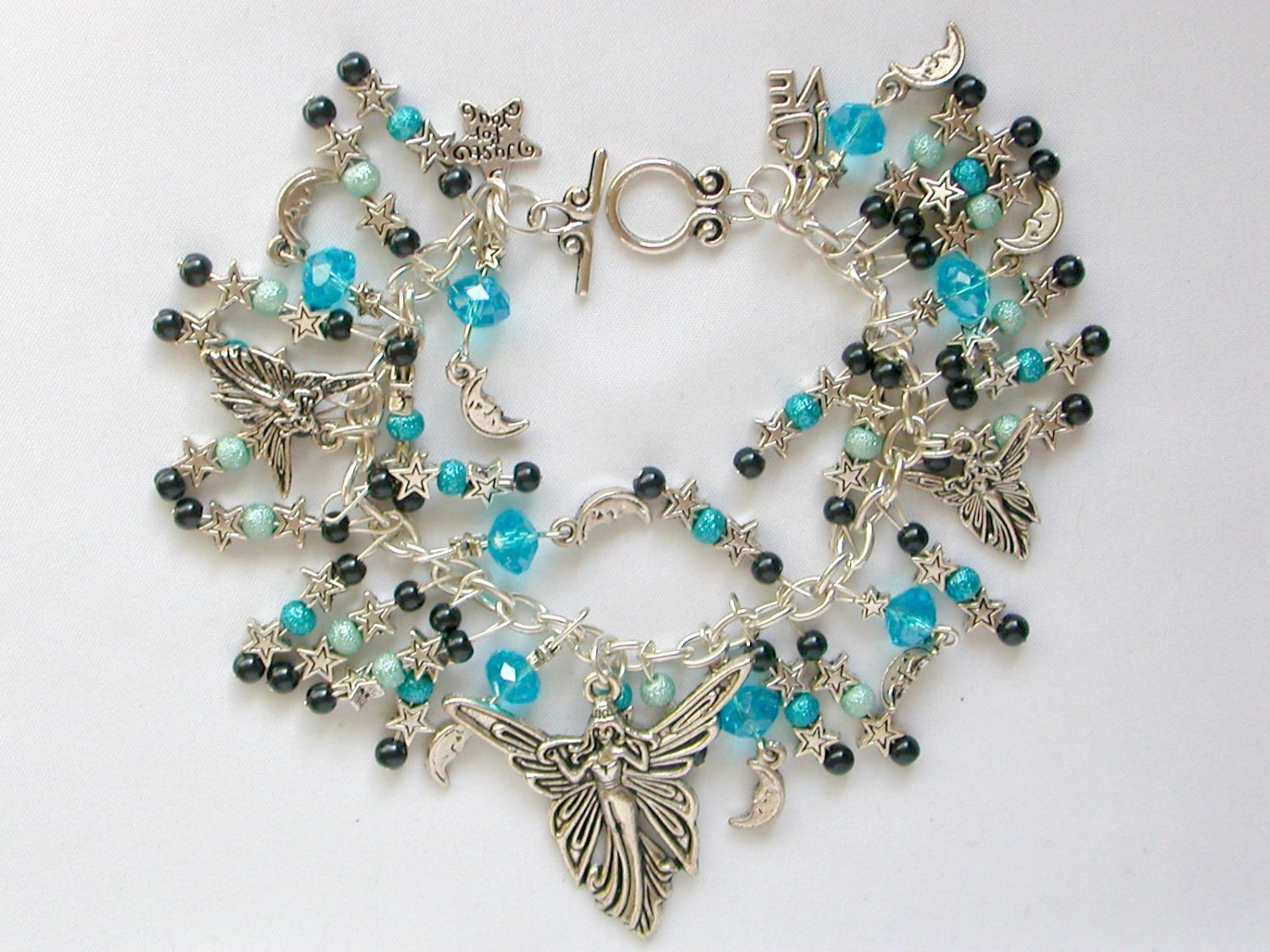 Angel Fairy Stars Crescent Moon Black Aqua Blue Celestial Charm Bracelet