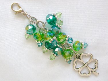 Four Leaf Clover Zipper Purse Charm green crystal bead